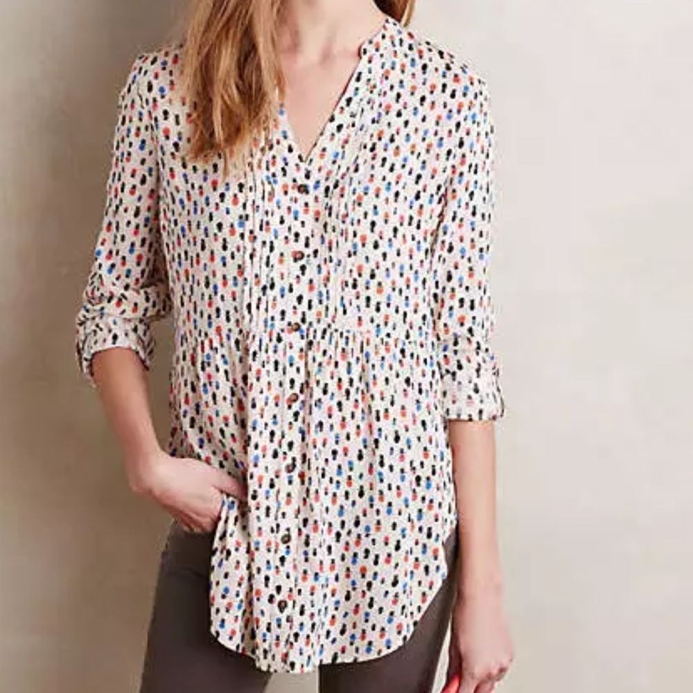 Anthropologie Maeve Calia Tunic Top-Neutral Motif Top Hats-Rayon-Pin Tuck-Size 0